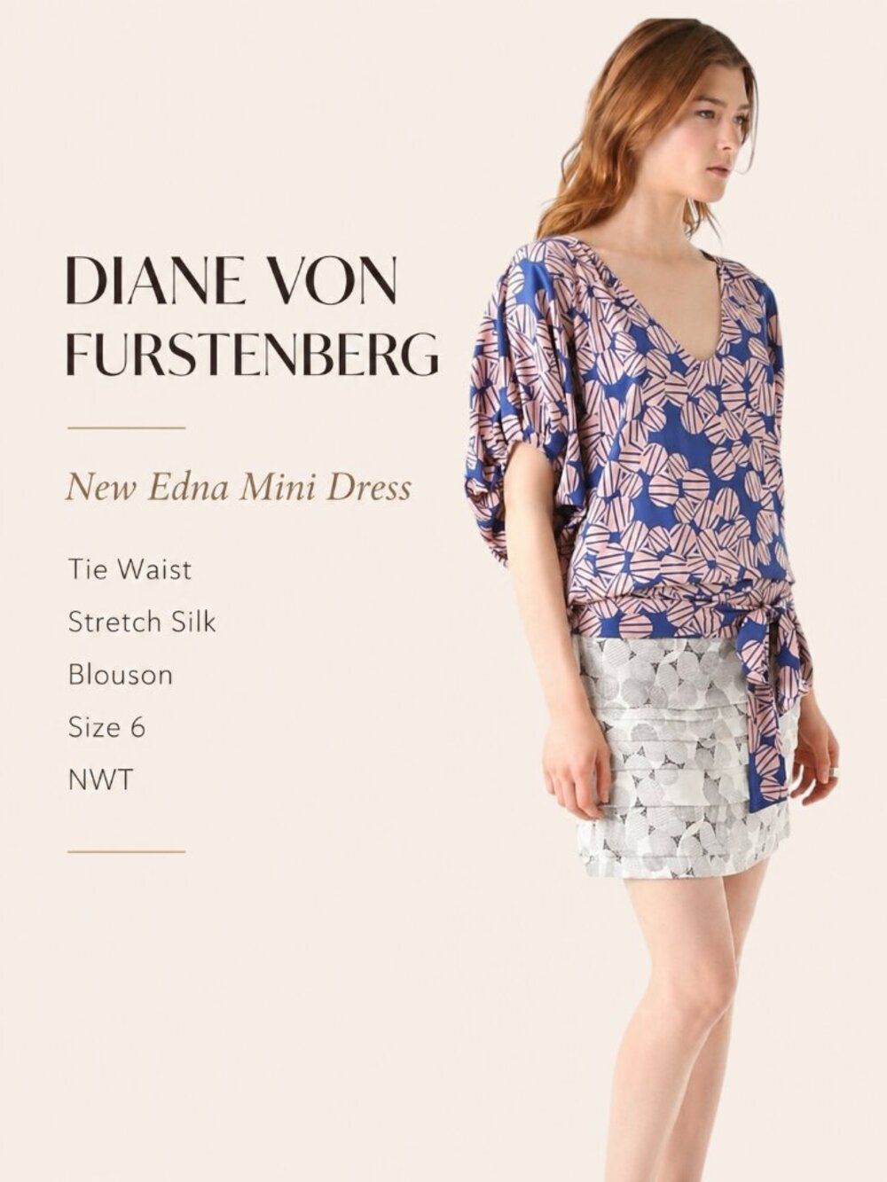 Diane‎ Von Furstenberg New Edna Blouson Mini Dress Tie Waist Stretch Silk Size 6